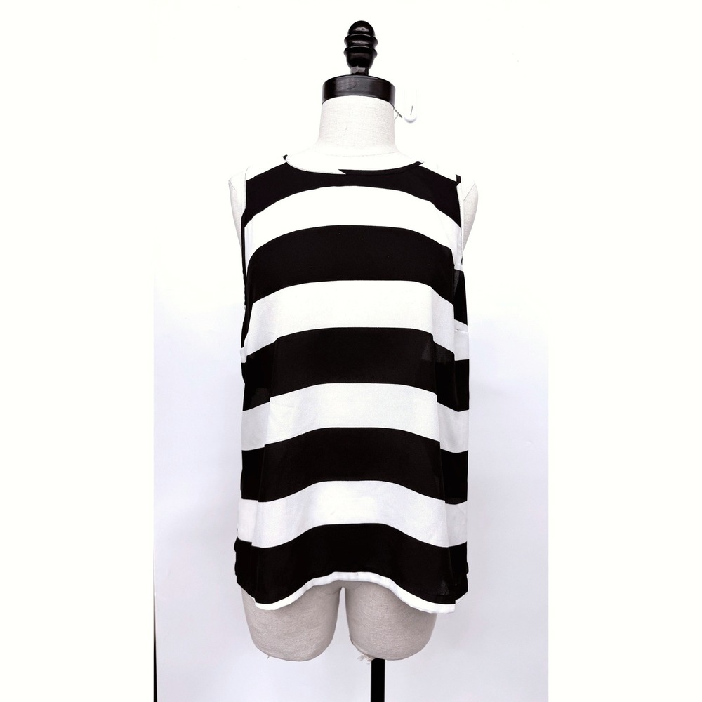 INC International Concepts Black White Striped Button Back Sleeveless Blouse 12